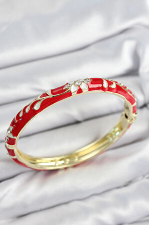 Mineli Pirinç Zirkon Taşlı Kırmızı Çiçek Motifli Gold Kadın Kelepçe - TJ-BB7640