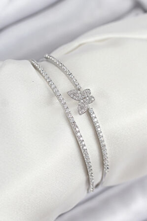 Pirinç Zirkon Taşlı Kelebek Model Gümüş Renk Kadın Bileklik - TJ-BB7892