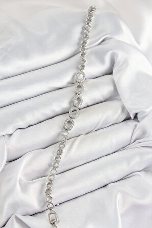 Pirinç Zirkon Taşlı Oval Model Gümüş Renk Kadın Bileklik - TJ-BB7544