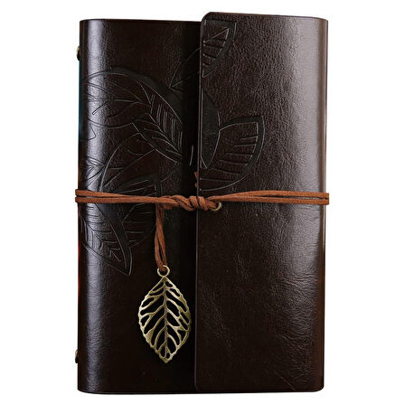 Büyük Yaprak Desenli Deri Defter Koyu Kahverengi