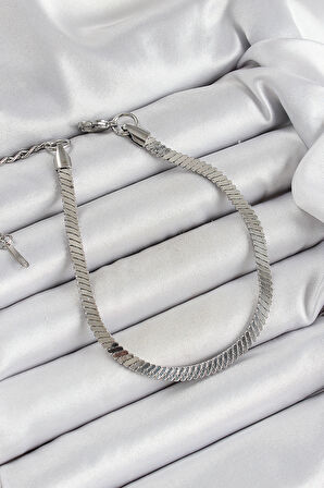 316L Çelik Gümüş Renk Yassı Zincir Model Kadın Bileklik - TJ-BB7085