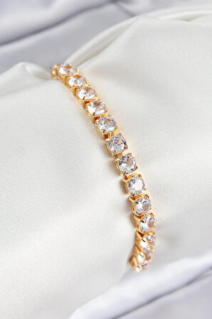 Pirinç Zirkon Taşlı Kare Model Gold Renk Asansörlü Kadın Bileklik - TJ-BB7792