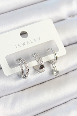 Pirinç Zirkon Taşlı Halka Model Gümüş Renk 3'lü Çift Kadın Küpe Set - TJ-BKP10800