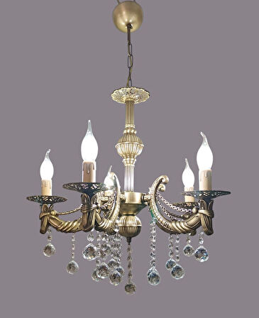 KRİSTAL TOP TAŞLI ZİNCİRLİ KOLLU ESKİTME KAPLAMALI METAL AVİZE
