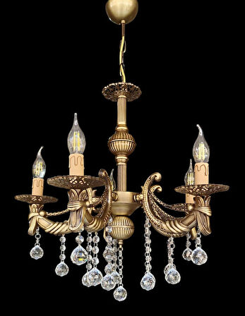 KRİSTAL TOP TAŞLI ZİNCİRLİ KOLLU ESKİTME KAPLAMALI METAL AVİZE