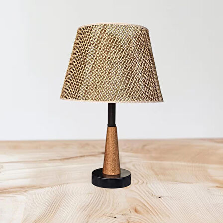 LEGNA ABAJUR SİYAH RATTAN KAHVERENGİ ŞAPKALI AHŞAP GÖVDELİ