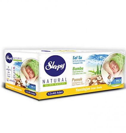 Sleepy Natural Yenidoğan Hipoalerjenik-Parfümsüz-Alkolsüz 12 x 40 Yaprak 12 Paket Islak Mendil