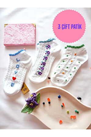 3 ÇİFT DİKİŞSİZ BURUN PATİK ÇORAP YUMUŞAK PAMUKLU KISA KONÇ DESENLİ KADIN 36-40