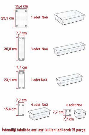 15'li Set Şeffaf Modern Organizer Ofis Çekmece Dolap Banyo Düzenleyici Clear Drawer Organizer