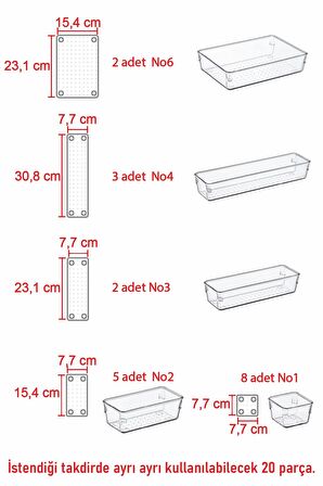 20'li Set Şeffaf Modern Organizer Ofis Çekmece Dolap Banyo Düzenleyici Clear Drawer Organizer