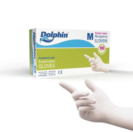 ŞeyliŞeyler - Dolphin Pudralı Beyaz Lateks Muayene Eldiveni M Beden (1 Paket / 100 Adet)