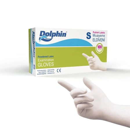 ŞeyliŞeyler - Dolphin Pudralı Beyaz Lateks Muayene Eldiveni S Beden (1 Paket / 100 Adet)