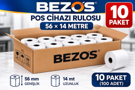 Bezos Termal POS Cihazı Rulosu 56 mm x 14 m - 100 Adet (10 Paket) Yazar Kasa Slip Rulosu DLRA