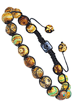 Sertifikalı Kahverengi Yeşil Çizgili Tibet Doğal Akik Taşı Bileklik