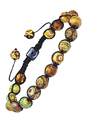 Sertifikalı Kahverengi Yeşil Çizgili Tibet Doğal Akik Taşı Bileklik