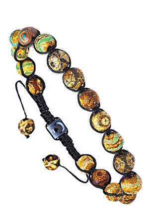 Sertifikalı Kahverengi Yeşil Çizgili Tibet Doğal Akik Taşı Bileklik