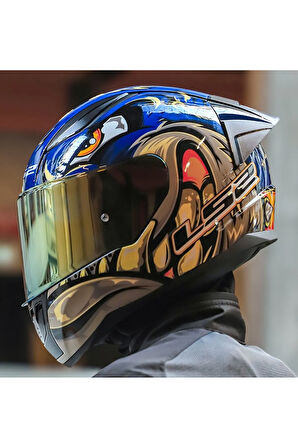 RAPID 2 RACE SPOX MAVİ-GRİ KAPALI MOTOSİKLET KASKI GOLD CAMLI