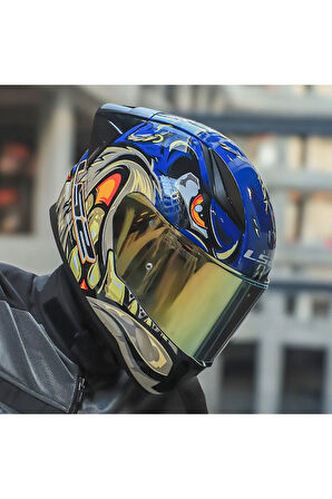 RAPID 2 RACE SPOX MAVİ-GRİ KAPALI MOTOSİKLET KASKI GOLD CAMLI