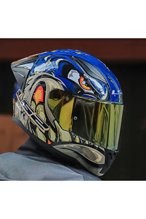 RAPID 2 RACE SPOX MAVİ-GRİ KAPALI MOTOSİKLET KASKI GOLD CAMLI