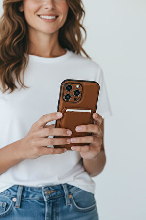  iPhone 16 Pro Max Uyumlu Premium Deri Magsafe Cüzdanlı Kartlıklı Kamera Çerçeve Standlı Kılıf kahve