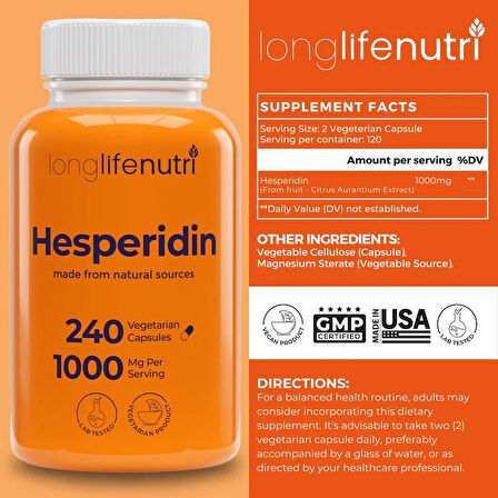 Hesperidin 1000mg, 240 Capsules  Supports Cardiovascular Health, Blood Pressure & Circulation, Immune Support, Potent Antioxidant & Vascular Function Benefits