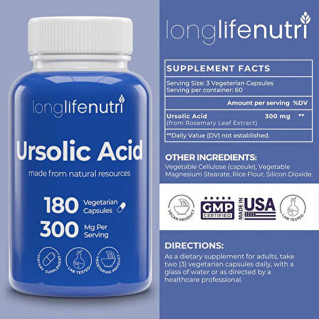 Ursolic Acid 300mg - Sourced from Rosemary Leaf Extract, 180 Vegetarian Capsules
