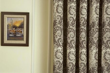 Massarelli Fon Perde Damask Desen Koyu Kahve 1-2,5 Orta Sık Pile  