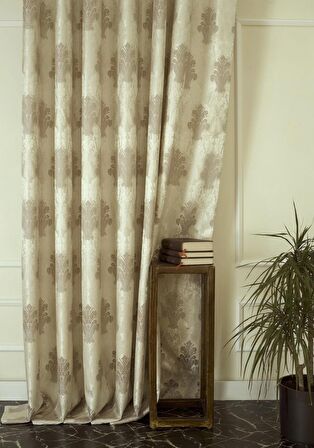 Massarelli Fon Perde Klasik Damask Desen Krem Vizon Pilesiz 