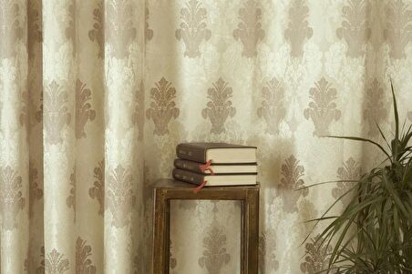 Massarelli Fon Perde Klasik Damask Desen Krem Vizon Pilesiz 