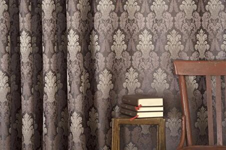 Massarelli Fon Perde Klasik Damask Desen Antrasit Mürdüm Pilesiz 