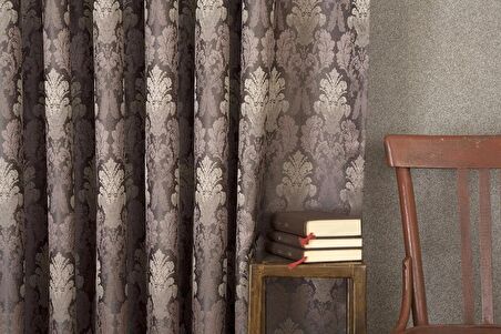 Massarelli Fon Perde Klasik Damask Desen Antrasit Mürdüm Pilesiz 