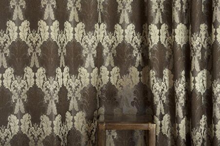 Massarelli Fon Perde Klasik Damask Desen Antrasit Gold 1-2,5 Orta Sık Pile  