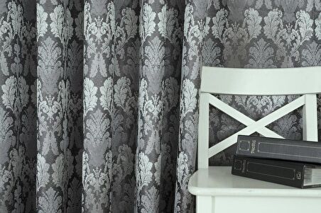Massarelli Fon Perde Klasik Damask Desen Antrasit Gümüş Pilesiz 