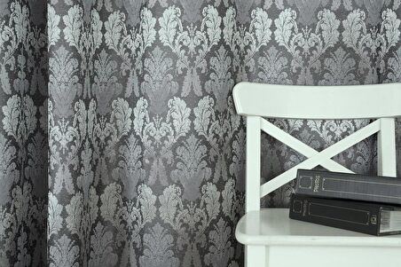 Massarelli Fon Perde Klasik Damask Desen Antrasit Gümüş Pilesiz 