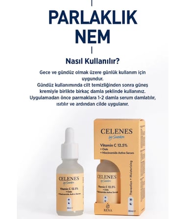 Bezos Celenes Aydınlatıcı ve Cilt Tonu Eşitleyici Rena C Vitamini Serum - Yulaf Özü + Niacinamide 30 ml DMC