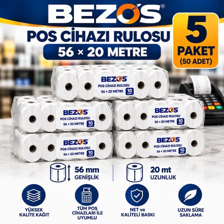 Bezos Termal POS Cihazı Rulosu 56 mm x 20 m - 50 Adet (5 Paket) Yazar Kasa Slip Rulosu DMC