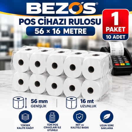 Bezos Termal POS Cihazı Rulosu 56 mm x 16 m - 10 Adet (1 Paket) Yazar Kasa Slip Rulosu DMC