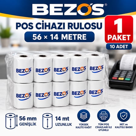 Bezos Termal POS Cihazı Rulosu 56 mm x 14 m - 10 Adet (1 Paket) Yazar Kasa Slip Rulosu DMC