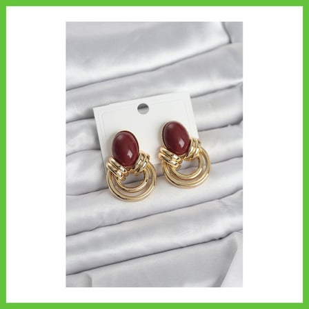 Bezos Pirinç Gold Renk Bordo Taşlı Vintage Kadın Küpe DMC