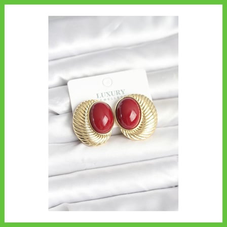 Bezos Pirinç Gold Renk Bordo Boncuklu Oval Vintage Kadın Küpe DMC