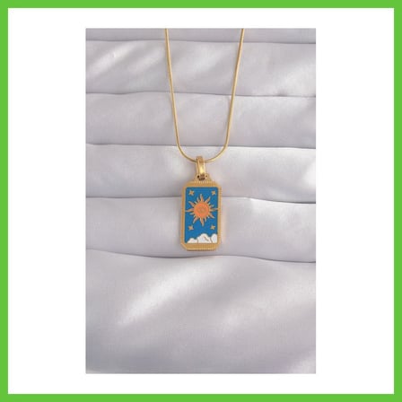 Bezos 316L Çelik Gold Renk Mavi Mineli Güneş Model Tarot Kolye DMC
