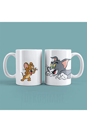 2'li Tom ve Jerry - Tasarım Baskılı Kahve Kupası Hediye Porselen Mug Kupa Bardak