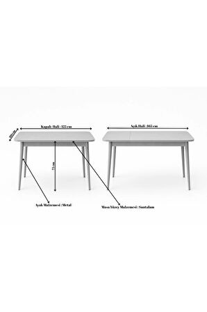 Milano Açılır Dikdörtgen Masa – Ceviz Desen, Beyaz Ayak, 80×125 → 165 cm, 4–6 Kişilik (Sandalyesiz)