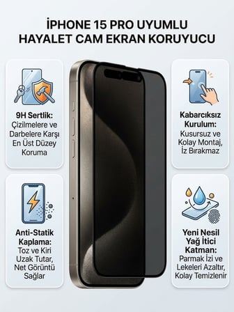 Apple Iphone 15 Pro Uyumlu Ekran Koruyucu Hayalet Cam