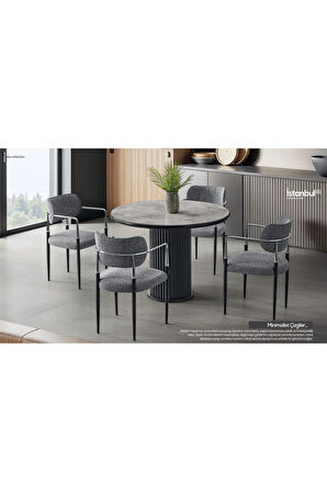 İstanbul’81 Yuvarlak Masa Takımı – Gri Mermer. Siyah Ayak. Ø120 cm. 4 Sandalyeli