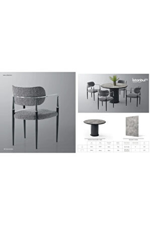 İstanbul’81 Yuvarlak Masa Takımı – Gri Mermer. Siyah Ayak. Ø120 cm. 4 Sandalyeli