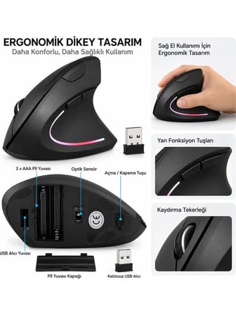 Luve Store Kablosuz Ergonomik Dikey Mouse 800/1200/1600 DPI Ayarlanabilir 2.4 GHz Optik USB Alıcılı