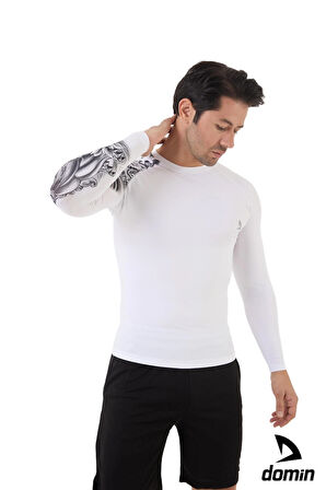 Erkek Uzun Kol Beyaz Tek Kol Desenli Compression Fitness Gym Body Tshirt