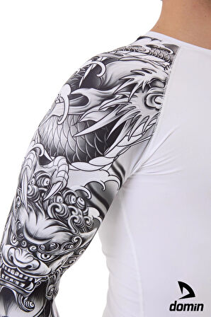 Erkek Uzun Kol Beyaz Tek Kol Desenli Compression Fitness Gym Body Tshirt