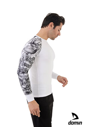 Erkek Uzun Kol Beyaz Tek Kol Desenli Compression Fitness Gym Body Tshirt